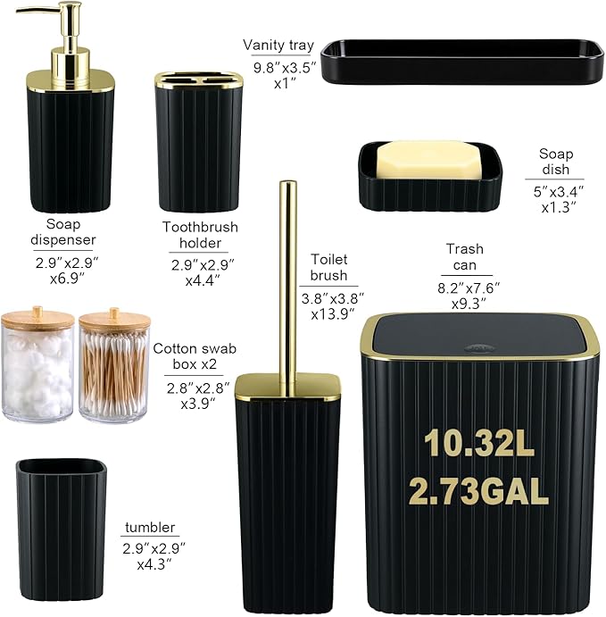 Bathroom Accessories Set-9PC Set with Toilet Brush, Trash Can, Soap Dispenser, Q-Tip Holder | Modern Home Bath Essentials (Black, Bath Set)