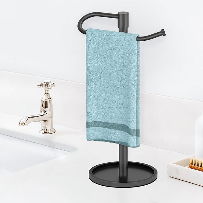 Hand Towel Holder Stand, Matte Black Standing Towel Racks for Bathroom, Stainless Steel Free Standing Towel Rack, Towel Bar Kitchen Vanity Countertops Decor
