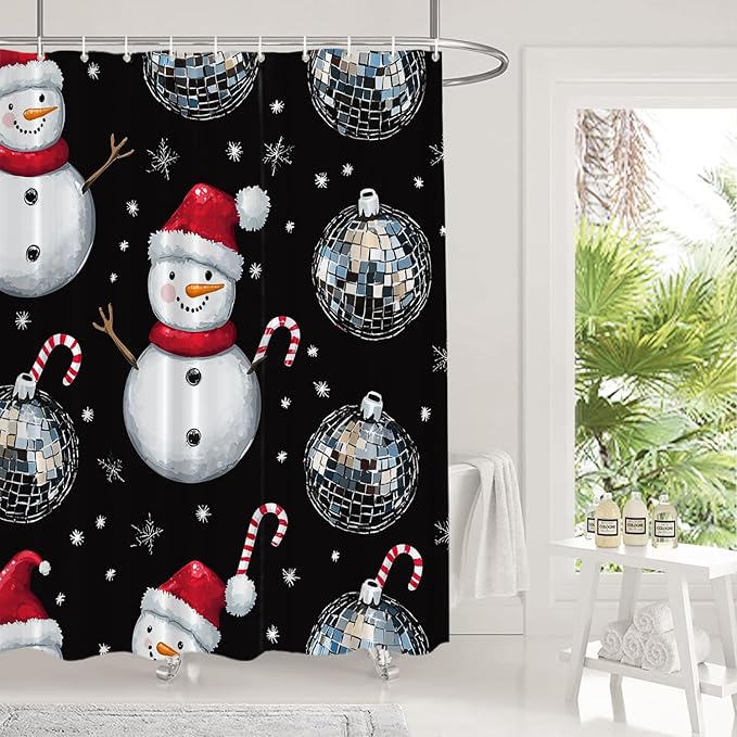 Shrahala Christmas Snowman Decorative Shower Curtain, Silver Disco Mirror Ball Bathroom Décor Polyester Fiber Waterproof with Plastic Rings for Shower Stall Bathtubs 72 x 60 in
