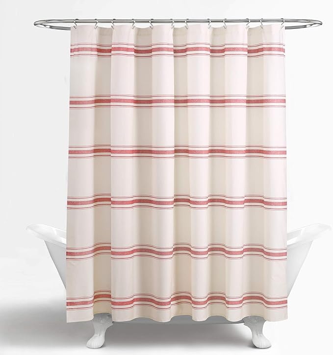 Lush Decor Farmhouse Stripe Cotton Shower Curtain, 72" W x 72" L, Red - Striped Bathroom Curtain - Fabric Shower Curtains - Farmhouse Bathroom Decor