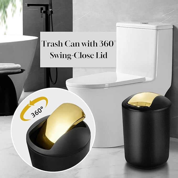 Black and Gold Bathroom Decor, 10Pcs Black Bathroom Accessories Set, Soap Dispenser and Toothbrush Holder, Soap Dish, Cotton Ball & Qtip Holder, Toilet Brush Holder, Tissue Box Cover