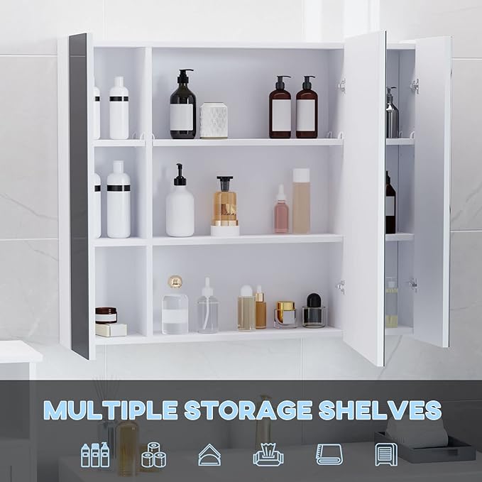 kleankin LED Medicine Cabinet, 35.5 x 29.5 Wall-Mounted Bathroom Vanity Mirror Organizer with Dimmer Touch Switch, Three Doors, and USB Charged, White
