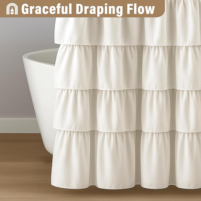Seasonwood Ruffle Shower Curtain Cream Farmhouse Vintage Handcrafted Rustic Decorative Fabric Shower Curtains for Bathroom, 72" x 72"