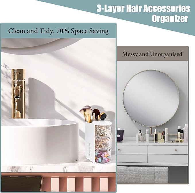 WCHOSOZH 3-Tier Clear Hair Accessories Organizer with Hair Brushes Holder, Rotatable Drawer Makeup Sponge Holder Desktop Organizer Case for Makeup Brush Lipsticks Q-tip Cotton Swab Stationery (White)