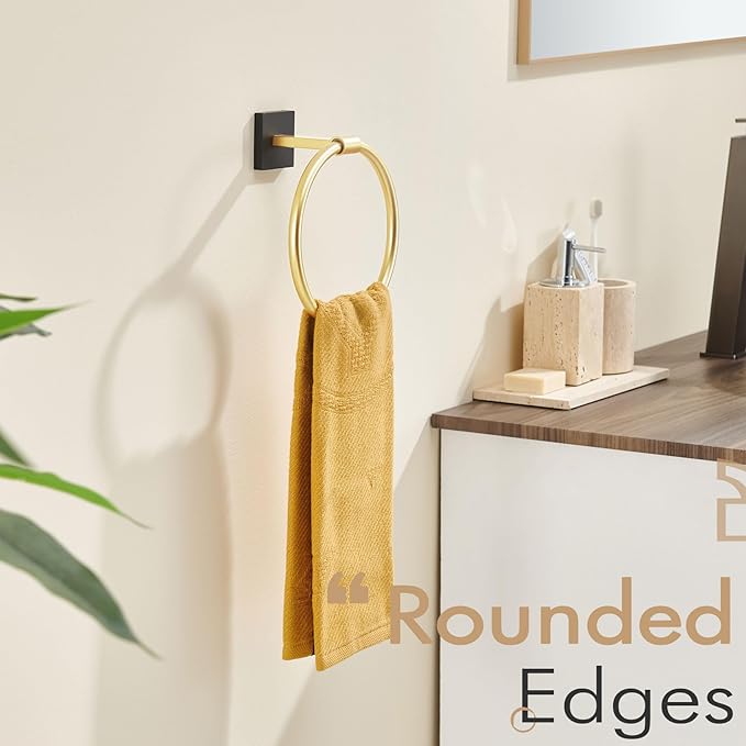 KOKOSIRI Hand Towel Holder Wall Mounted Towel Ring Bathroom Accessories Shower Towel Hanger Rack Stainless Steel Black with Gold, B3010GDK