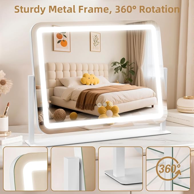 Vanity Mirror with Lights, Lighted Makeup Mirror with 10X Magnification, 3 Color Dimmble Lights, Touch Control, 360° Rotation, Metal Frame, Women's Gift, for Bedroom/Dressing Room, White