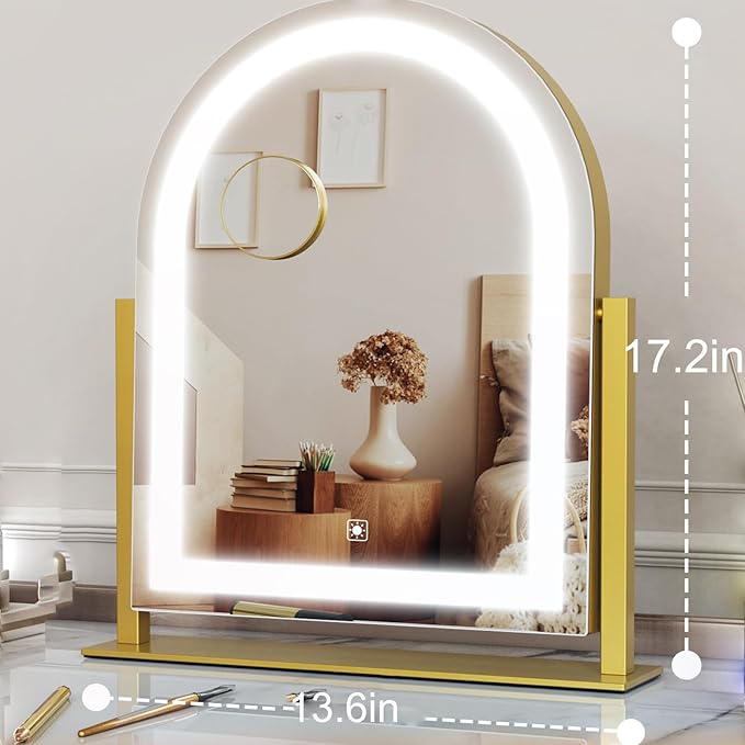Gvnkvn Arched Makeup Vanity Mirror with Lights 17.2" LED Makeup Mirror Detachable 10X Magnification, Hollywood Make Up Mirror with Lighting, Smart Touch, 360° Rotation, (Gold,Gift Box)