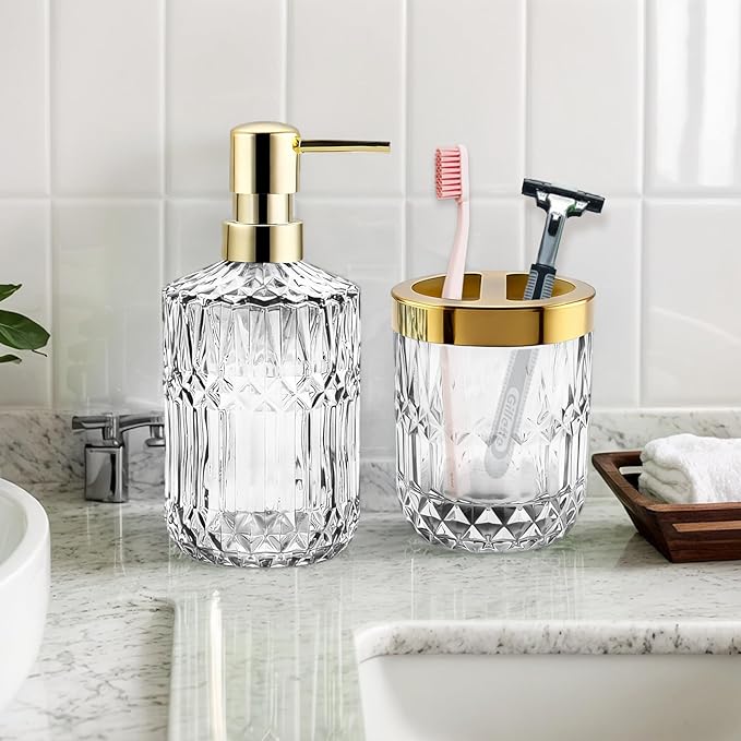 2Pcs White Bathroom Accessories Set, Glass Bathroom Accessories, Vintage Bathroom Countertop Decoration Includes Soap Dispenser, Toothbrush Holder