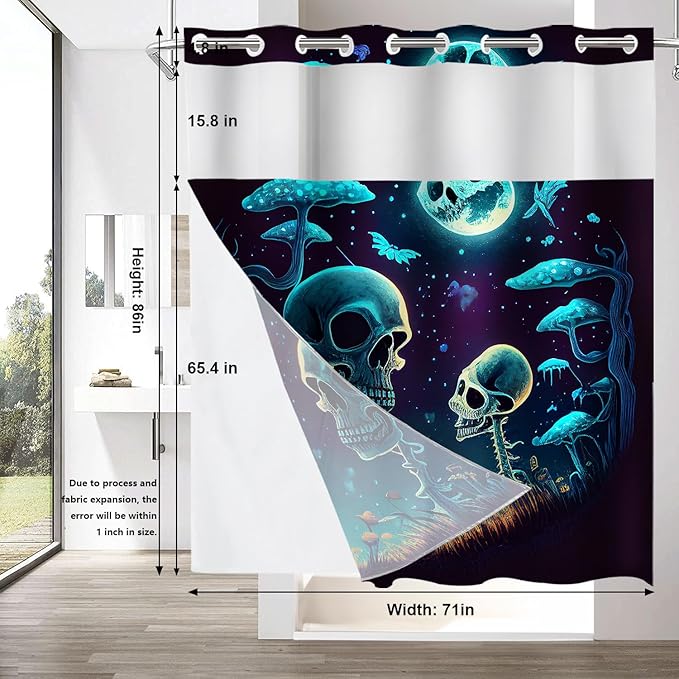 Shrahala Happy Halloween Funny No Hooks Shower Curtain with Snap in Liner Set, Skeletons Grass Mushrooms Starry Sky Bathroom Décor Polyester Fiber Waterproof for Stall Bathtubs 71 x 86 in