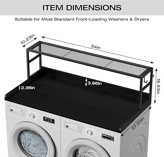 Washer Dryer Countertop with Shelf, Washer Dryer Topper, Solid Wood Washers and Dryers Countertop, 54" Width x 27.5" Depth Laundry Countertop for Laundry Room Organization and Storage, Black