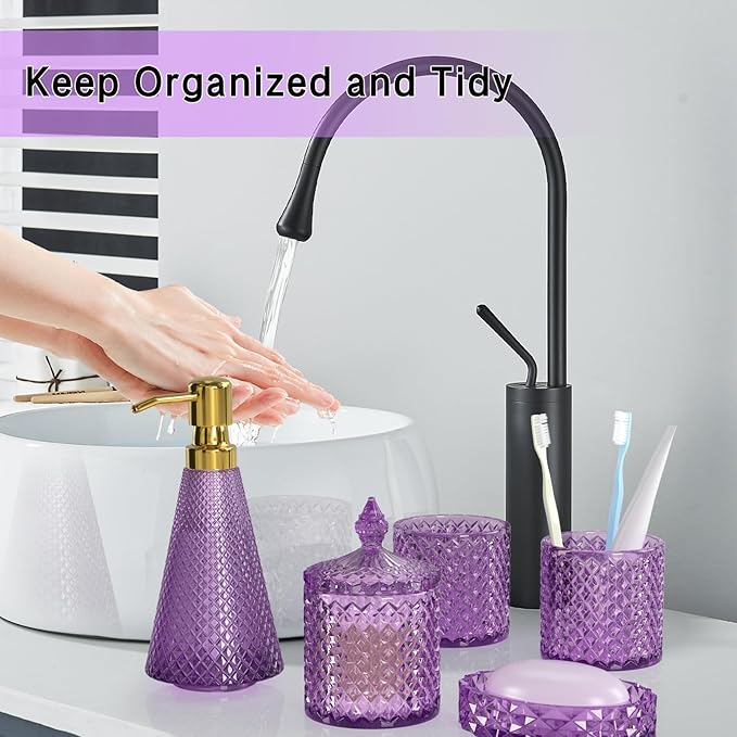 Purple Glass Bathroom Accessories Set 5 Pcs, Purple Bathroom Set, Soap Dispenser and Toothbrush Holder Set, Qtip Holder Set, Vintage Bathroom Sink Set, Cute Bathroom Decor