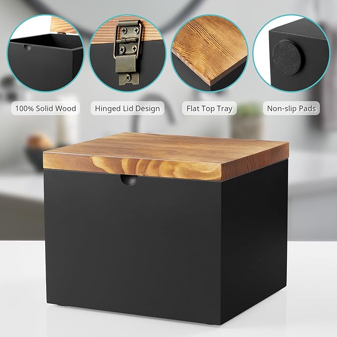 Bivvclaz Disposable Face Towel Holder, Wooden Face Towel Container Compatible with Clean Towels XL, Face Towels Storage Box with Lid, Makeup Remover Organizer for Vanity, Bathroom, Black