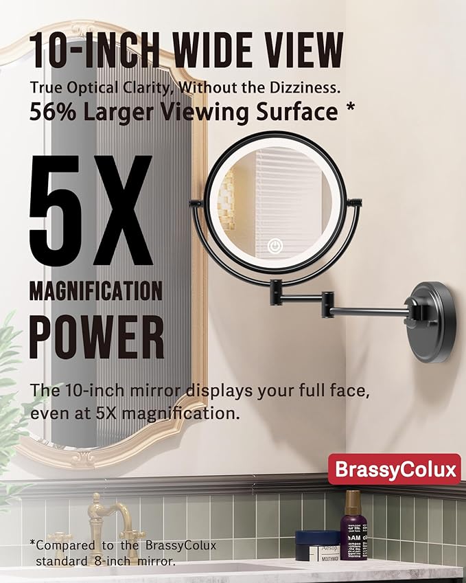 10" Large Magnifying Mirror Wall Mounted with Light Hard Wired, 1X/5X Double-Sided LED 3 Colors, Touch Dimmable, Extended Arm 360 Rotation Shaving Light up Mirror for Bathroom, Matt Black