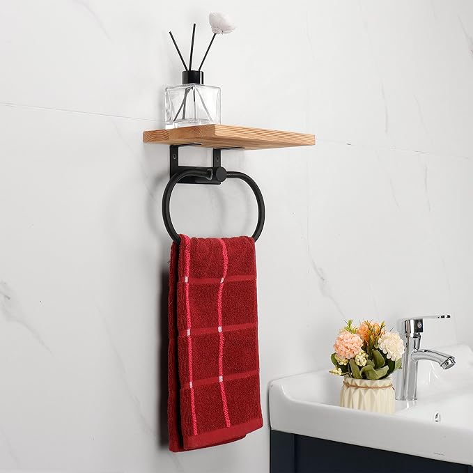 TocTen Hand Towel Holder for Bathroom Wall Mount Towel Ring with Wooden Shelf, Premium Metal Hand Towel Rack, Bathroom Accessories Rustic Hand Towel Hanger for Bathroom Kitchen RV(Matte Black)