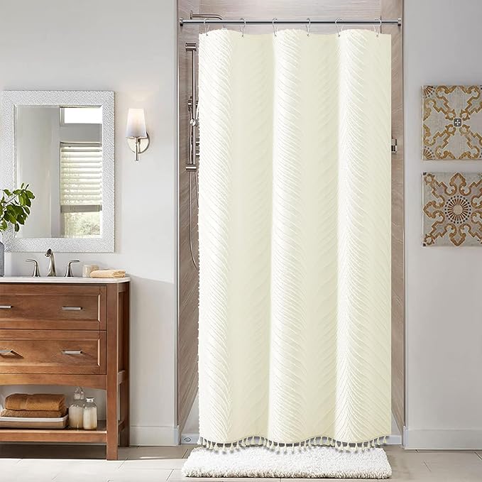 BTTN Boho Stall Shower Curtain - 36x72 Narrow Tufted Leaves Textured Striped Tassel Shower Curtain Set with 6 Hooks, Water Repellent, Modern Farmhouse Fabric Shower Curtains for Bathroom, Cream/Beige