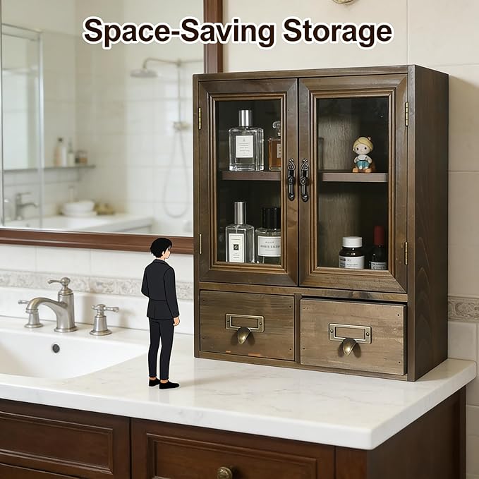 Rosetta Mini Countertop Country Vintage Locker, Wall-Mounted Wood Display with Organic Glass Door, Food Storage, 2 Bottom Drawers-Pharmacist Cabinet-Display Cabinet (Burnt Wood Color)