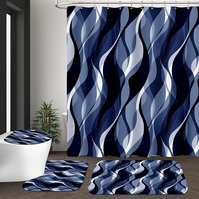 4PCS Navy Blue Bathroom Sets with Shower Curtain and Rugs, Abstract Striped Shower Curtain Sets with Rugs, Modern Luxury Bathroom Curtains Shower Set Accessories