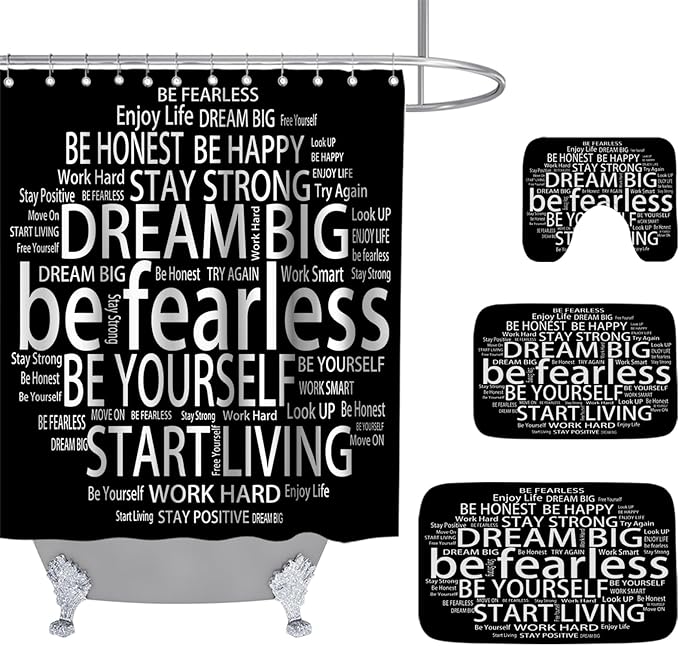 Inspirational Quotes Be Fearless Dream Bathroom Sets with Shower Curtain 72Wx72H and Rugs and Accessories Decor with Bath Mat, U-Shaped Contour Velvet Washable 20 x 31 inches Black and White