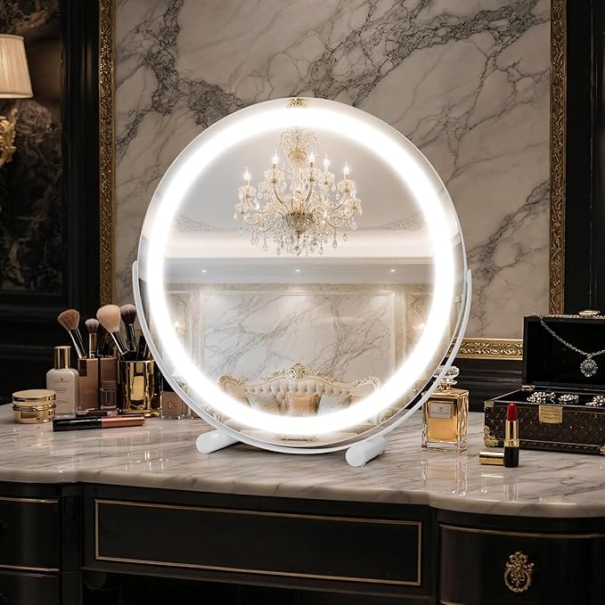 Vanity Mirror with Lights, 18" LED Makeup Mirror, HD Professional Mirror, Smart Touch with 3-Color Lighting, Dimmable, 360° Rotation, Lighted Up for Makeup Desk, Bedroom (White)