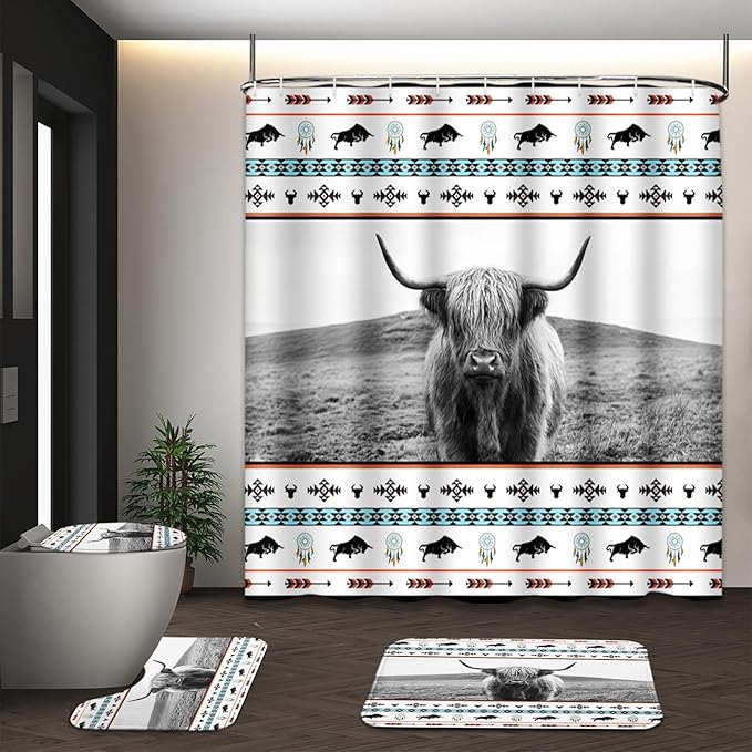 Western Highland Cow Shower Curtain Set with Toilet Lid Cover and Non-Slip Rugs, Tribal Country 4 Pcs Shower Curtain with 12 Hooks, Farmhouse Bathroom Set with Rugs and Accessories