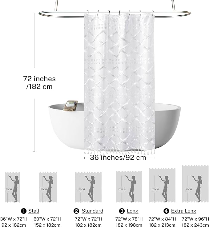Small Stall Boho Shower Curtain White Tassle Woven Fabric Shower Curtain 36 x 72 Half Size Tufted Chevron Striped Textured Modern Farmhouse Minimalist Cloth for Bathroom