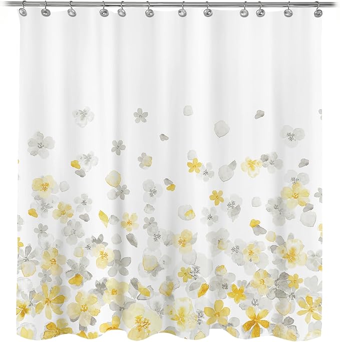 Sunlit Floral Fabric Shower Curtain, Design Simple Style Yellow and Gray Flower Blossoms Shower Curtains for Bathroom Decor with White Background, Machine Washable, 71x71