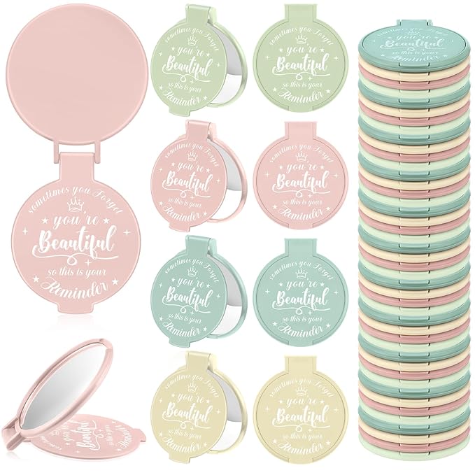 36 Pcs 2.76 Inch Inspirational Compact Mirror Bulk Women Small Gifts Graduation Party Favors Purse Mirror Pocket Mini Stuffer Items for Adult Coworker Cheerleader Employee (Light Colors)