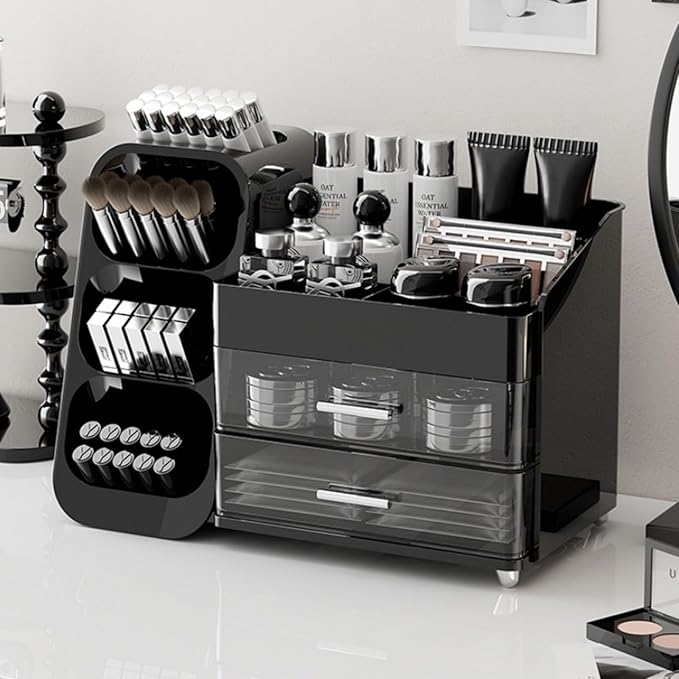 Booklov Makeup Organizer for Vanity, Large Capacity Cosmetic Display Case with Drawers, Countertop Beauty Storage Holder for Skincare, Brush Eyeliner Perfume Eyeshadow Lipsticks, Counter Desk, Black