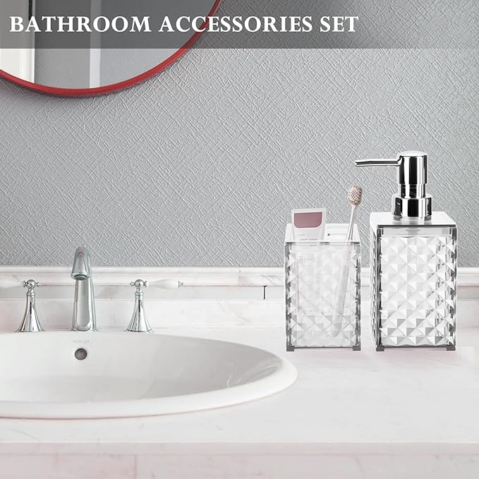 Bathroom Accessories Set 2 PCS, White Bathroom Accessories Include Soap Dispenser and Toothbrush Holder, Diamond Pattern Bathroom Set for Boho Bathroom Decor