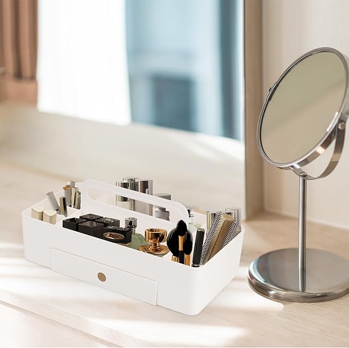 Multipurpose Caddy Organizer with Handle -8 Compartments and 1 small drawer - Art Craft Supplies, Office, Desk, Stationery Pen Holder, Makeup, Bathroom, Shower, Cleaning, Dorm Organizer - White