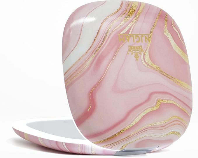Lighted Makeup Compact Mirror, 3.9 Inch – 1x/10x Magnification Portable, LED – Auto Light On/Off - USB Charging, (Blush Marble)