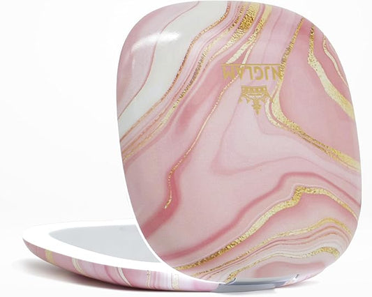 Lighted Makeup Compact Mirror, 3.9 Inch – 1x/10x Magnification Portable, LED – Auto Light On/Off - USB Charging, (Blush Marble)
