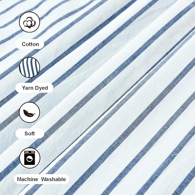 Farmhouse Shower Curtain,Beige and Blue Stripe,Button Curtain,Linen and Cotton Woven Fabric,Rustic Charm Country Chic Style,72x78 in