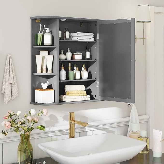 COSTWAY Medicine Cabinet with Mirror, Wall Mounted Bathroom Storage Cabinet with Mirror Door and Adjustable Shelves, Space-Saving Storage Organizer for Living Room Kitchen Entryway (Gray)