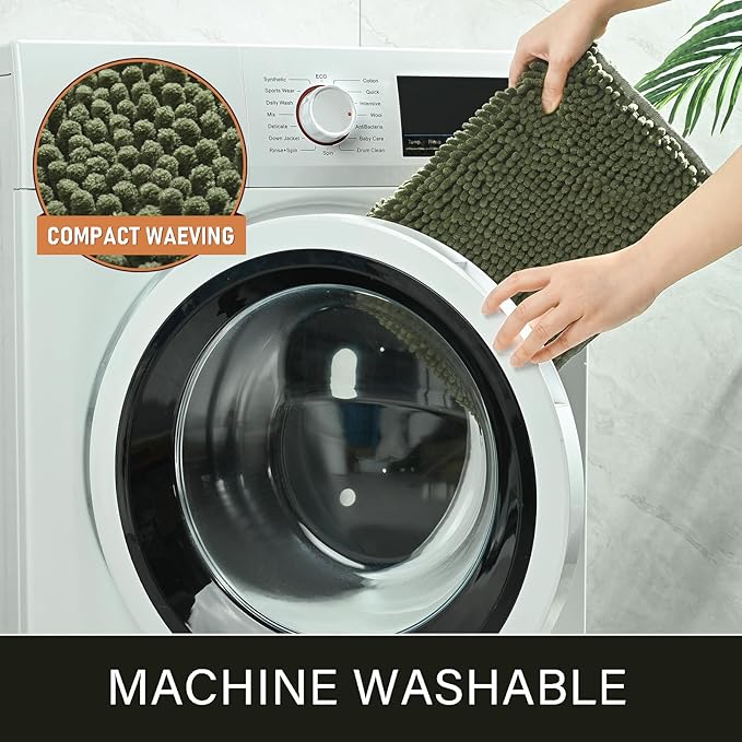 LOCHAS Luxury Bathroom Rug Shaggy Bath Mat 20 x 30 Inch, Washable Non Slip Bath Rugs for Bathroom Shower, Soft Plush Chenille Absorbent Carpets Mats, Olive Green