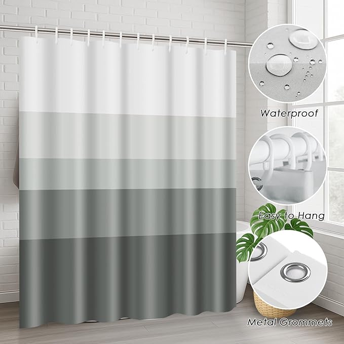 Striped Grey Shower Curtain Set with Toilet Lid Cover and Non-Slip Rugs for Bathroom, Minimalist Neutral Ombre 4 Pcs Shower Curtain, Modern Bathroom Set with 12 Hooks