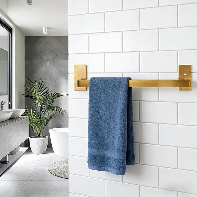 Bathroom Towel Bar Self Adhesive, No Drilling Towel Rack Easy to Install,Hand Towel Holder Made of Premium Stainless Steel Sticky on Hand Towel Hanger for Kitchen, Toilet.(16IN, Gold)
