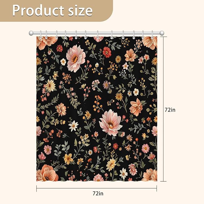 Black Floral Shower Curtain，Cute Dark Wildflower Rustic Flower Blossom Farmhouse Leaves Botanical Cloth Fabric ，Waterproof Polyester Bathroom Home Decor Set with 12 Hooks，72 x 72 Inch