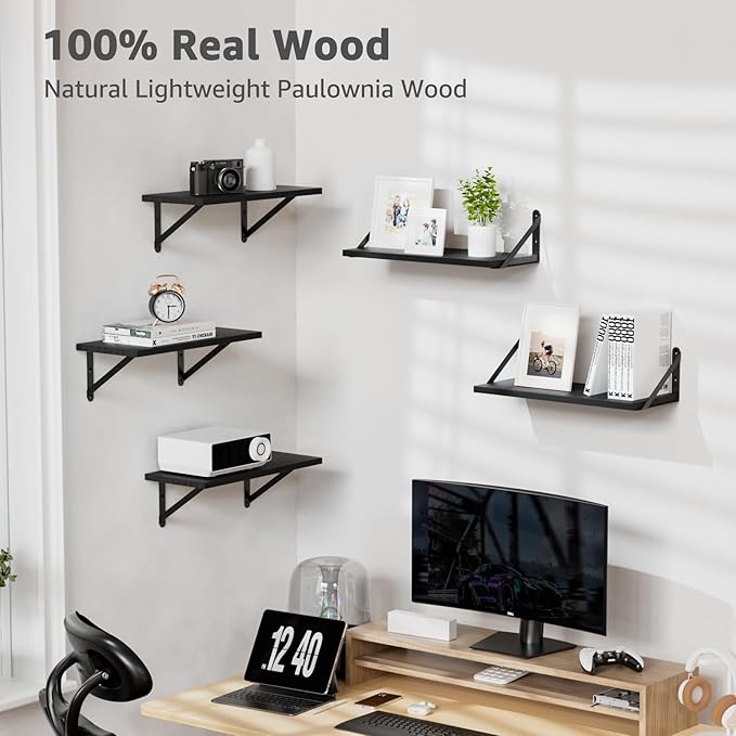 COCOYA Wall Shelves 7.3" Deep Set of 4, Solid Paulownia Wood Wider Longer Sturdy Easy to Install Wall Mounted Bookshelves Storage Shelves Bathroom Home Office Laundry Room Bedroom Organizer Black