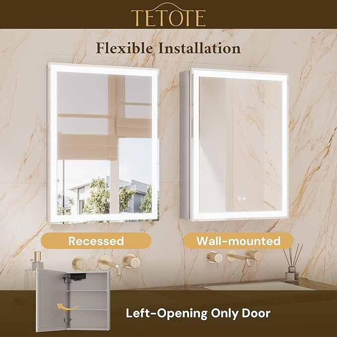 TETOTE 20 x 26 Lighted Medicine Cabinet with Mirror with Adjustable Shelves, Silver Aluminum Cabinet, Anti-Fog Stepless Dimmable 3 Colors White/Warm/Natural, Easy to Install(Wall Mount/Recessed)