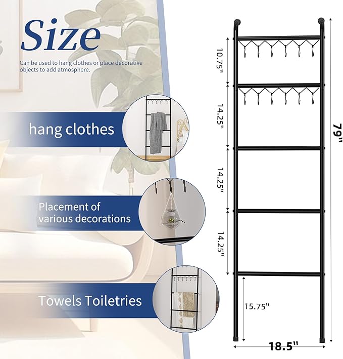 Simple Trending Blanket Ladder，5 Tier Metal Towel Rack with 12 Hooks, 79'' Metal Style Decorative Ladder for The Living Room Bedroom Bathroom Home Decor, Black