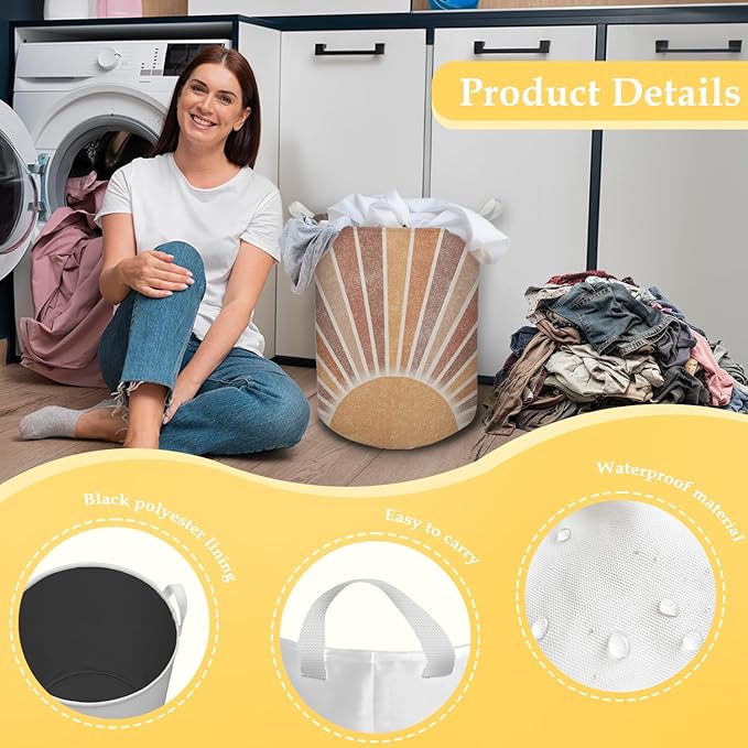 Boho Laundry Basket, Mid Century Modern Boho Neutral Sun Sunshine Waterproof Collapsible Laundry Hamper Dirty Clothes Storage Toy Bin Organizer for Bathroom Bedroom Nursery Girls Kids Room