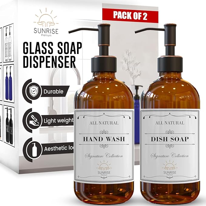 Sunrise Premium 2 Pack Amber Glass Soap Dispenser 16 OZ with Oil Rubbed Bronze Stainless Steel Pump, Hand and Dish Soap Dispenser Set for Bathroom and Kitchen Sink with 6 Waterproof Labels