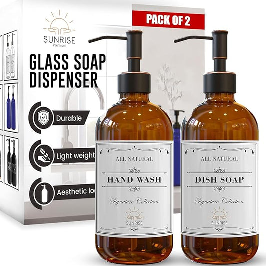 Sunrise Premium 2 Pack Amber Glass Soap Dispenser 16 OZ with Oil Rubbed Bronze Stainless Steel Pump, Hand and Dish Soap Dispenser Set for Bathroom and Kitchen Sink with 6 Waterproof Labels