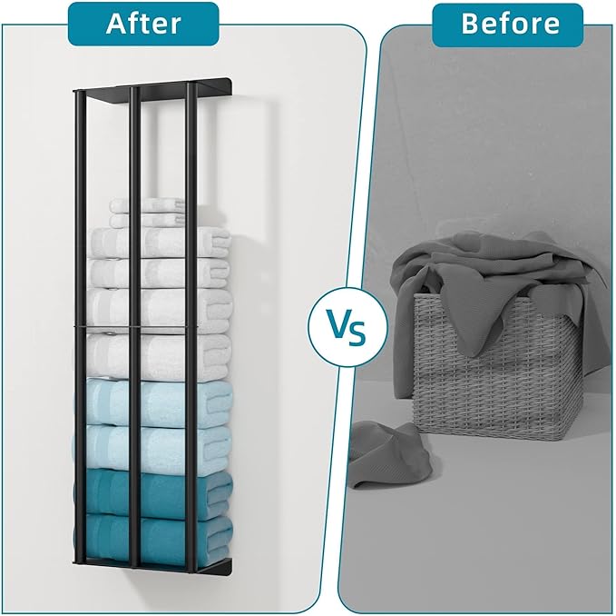 Susswiff Towel Racks for Bathroom 31 Inch - Wall Mounted, Solid 2 Metal Shelves and 3 Vertical Bars, Can Holds 6 Large Rolled Bath Towels - for Modern Decor Bathroom Towel Storage (Matte Black)