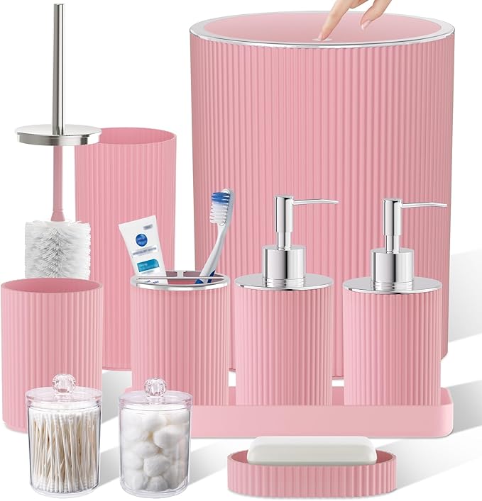 Light Pink Bathroom Accessories Set, 10PC Bathroom Set, Bath Accessory with Pop Up Trash Can, Soap Dispenser, Toilet Brush, Toothbrush Set Qtip Holders & Tray