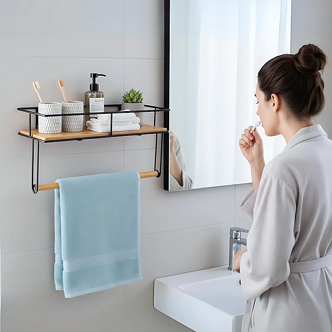 Hand Towel Holder with Wooden Shelf – Wall-Mounted Bathroom Shelf with Towel Bar - Perfect for Shower, Kitchen and Toilet - Matte Black