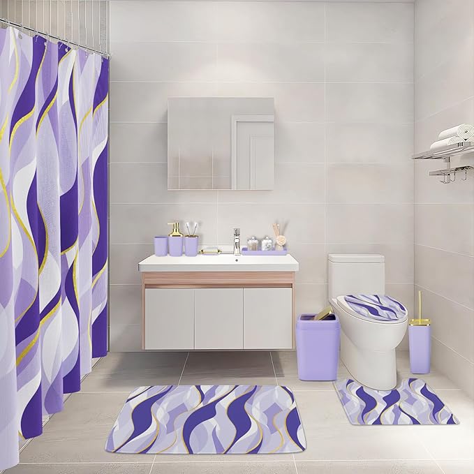 XLHOMO Bathroom Set - Purple and Gold Bathroom Accessories, Bathroom Sets with Shower Curtain and Rugs, Purple Shower Curtain Set with Bathroom Trash Can, Soap Dispenser, Soap Dish for Home Decor