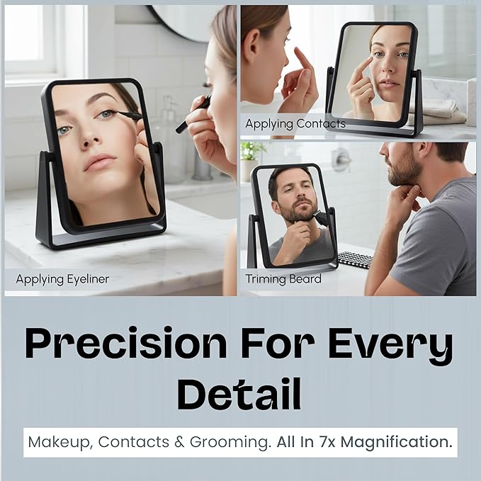 Danielle Creations Rectangle Soft Touch Vanity Mirror, Black, 1x/7x Magnifying Makeup Mirror with Stand, Portable Tabletop Bathroom or Desk Mirror