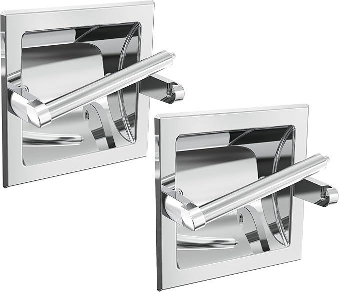 Toilet Paper Holder 2 Pack, Recessed Pivoting Toilet Paper Holder Wall Mount Stainless Steel for Large Rolls in Bathroom (Chrome)